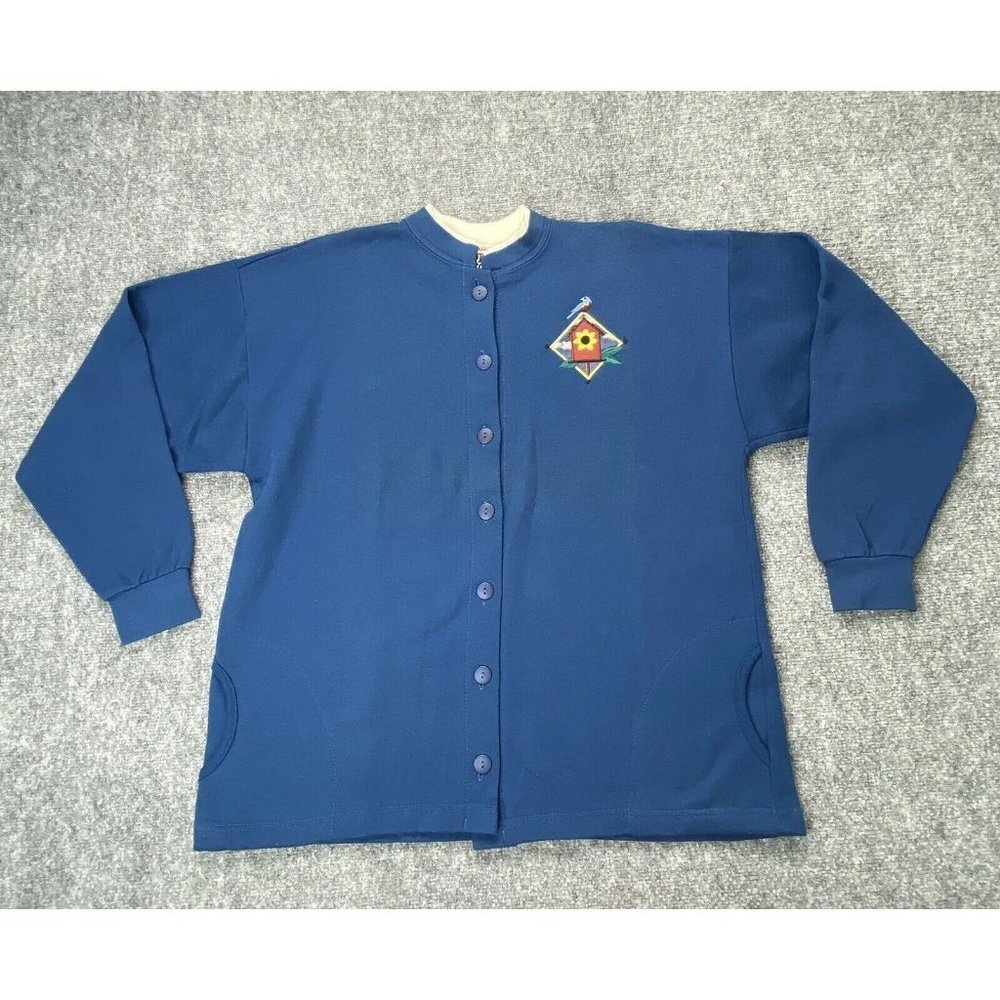 VTG‎ Morning Sun Top Stitch Cardigan Sweatshirt L Blue Birdhouse Embroidered USA